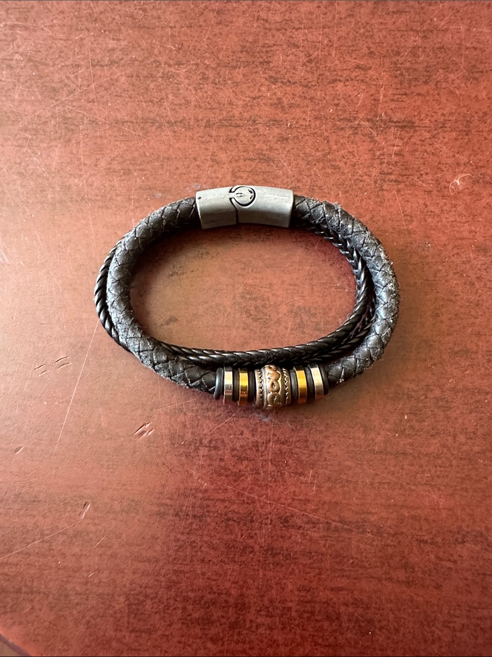 Men's Black Braided Leather Bracelet with Metal Beads